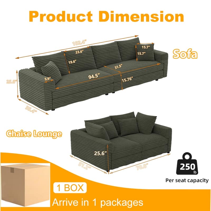 102.4" Corduroy Couch with Ottomans, 4 Seat Convertible Modular Sectional Sofa, Upholstered Couches with Pillows for Living Room