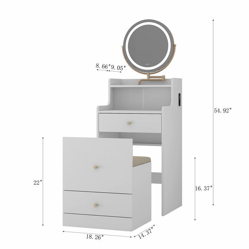 3 In 1 Vanity Desk With Mirror And Light,Small Vanity Set With Charging Station, With 2 Drawers, With Upholstered Stool