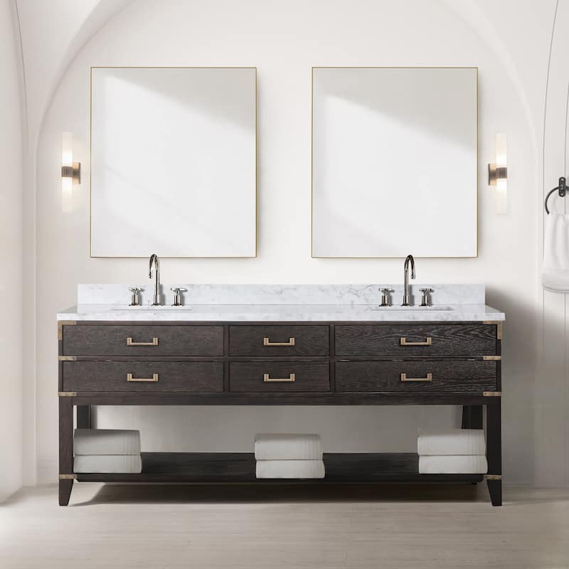 Lexora Norwalk Bath Vanity, Carrara Marble Top, and Mirror - 80 Inch - Brown Oak