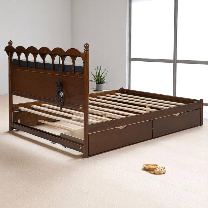 Queen Platform Bed with Trundle, 2 Big Drawers, USB & Power Outlets for Extra Storage