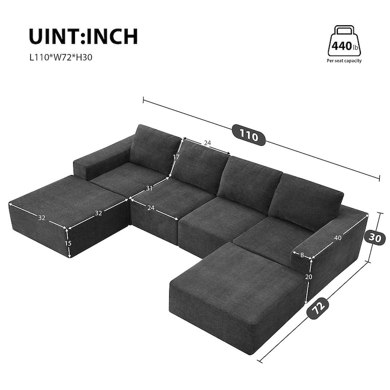 U-Shape Sectional Sofa, Double Extra Wide Chaise Lounge Couch, Luxury Chenille