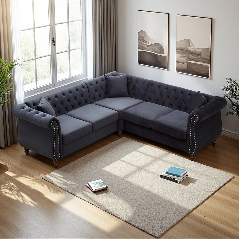 83.5" Velvet L-Shaped Sectional Sofa, 5-Seater Corner Couch with 3 Pillows - Black