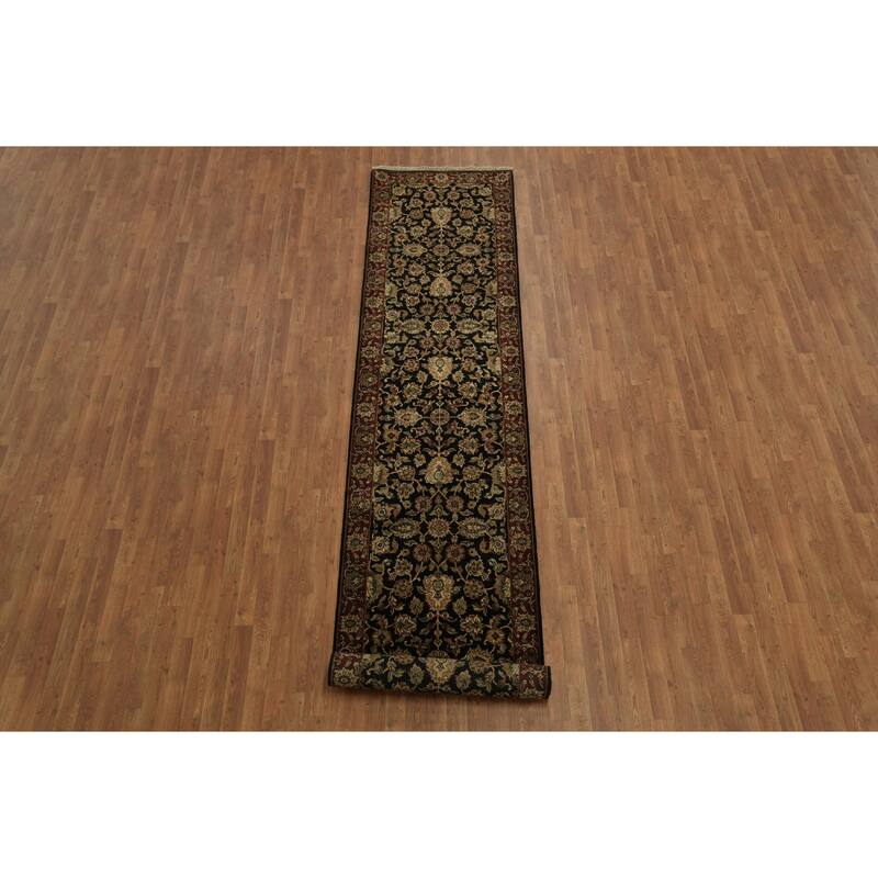 Hand Knotted Oriental 100% Wool Carpet Traditional All-Over Black Agra Runner Rug - 13' 1'' X 3' 0''
