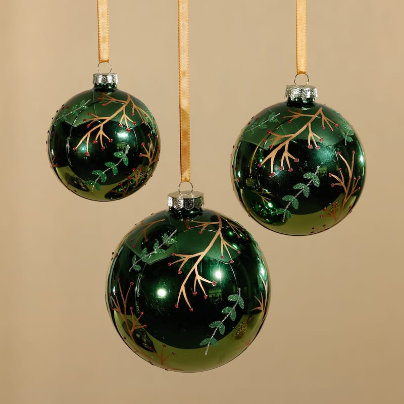4-Piece Set Shiny Green Metallic 4.75" Glass Ball Ornaments with Gold Leaf & Twig Design