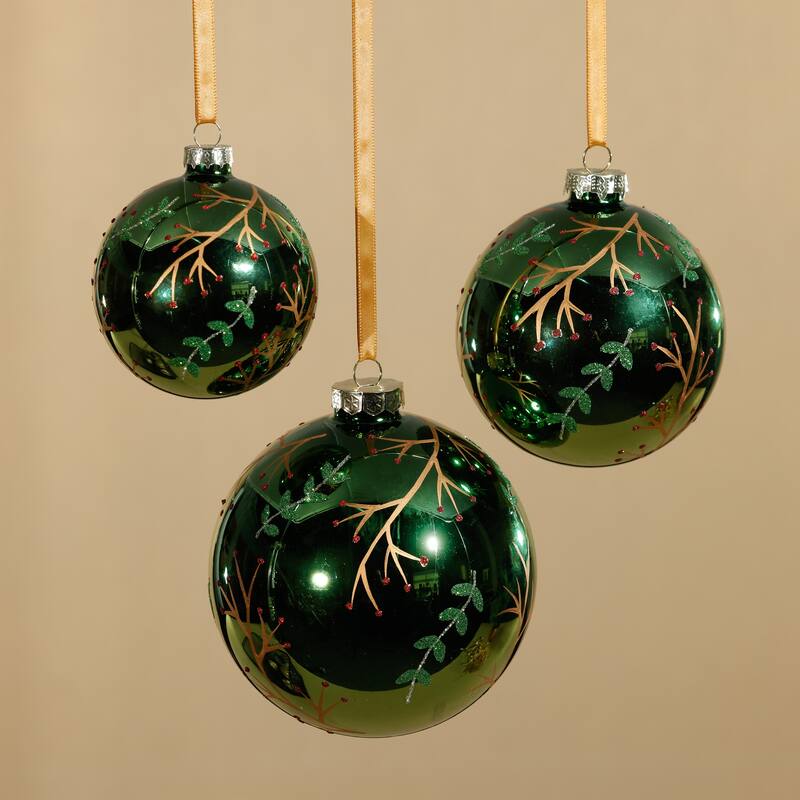 Shiny Green Metallic Glass Ball Ornaments with Gold Leaf & Twig Design, Set of 6, 3.25"