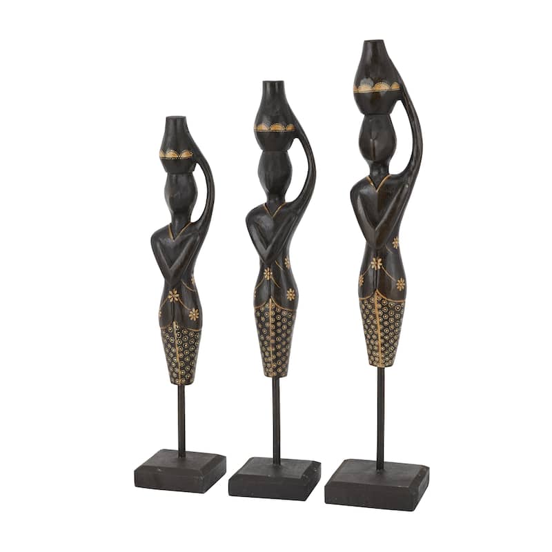 Wood Woman Standing African Sculpture with Baskets on Their Heads - Set of 3 Black - Roche River Decor - Black