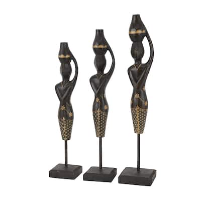 Wood Woman Standing African Sculpture with Baskets on Their Heads - Set of 3 Black - Roche River Decor