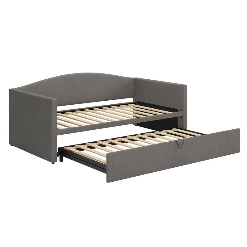 Velvet Upholstered Daybed Twin Size Sofa Bed with Extended Pop Up Trundle and Curved Backrest, Space-Saving Twin to King Design