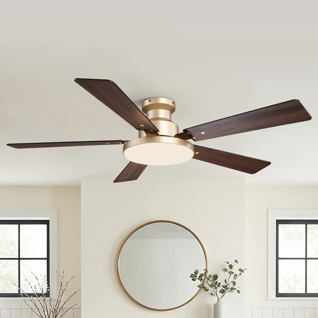 52" Gold Wooden 5-Blade Modern Flush Mount Smart Ceiling Fan with Light and Remote, APP Control