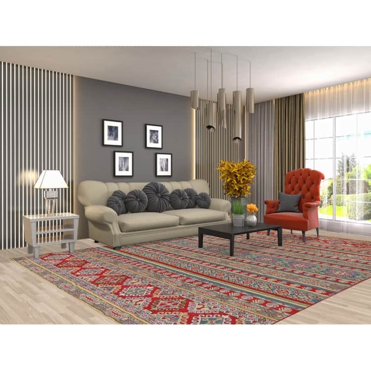 Hand Knotted Oriental 100% Wool Carpet Traditional Geometric Multi-Colored Kazak Area Rug - 11' 9'' X 8' 3''