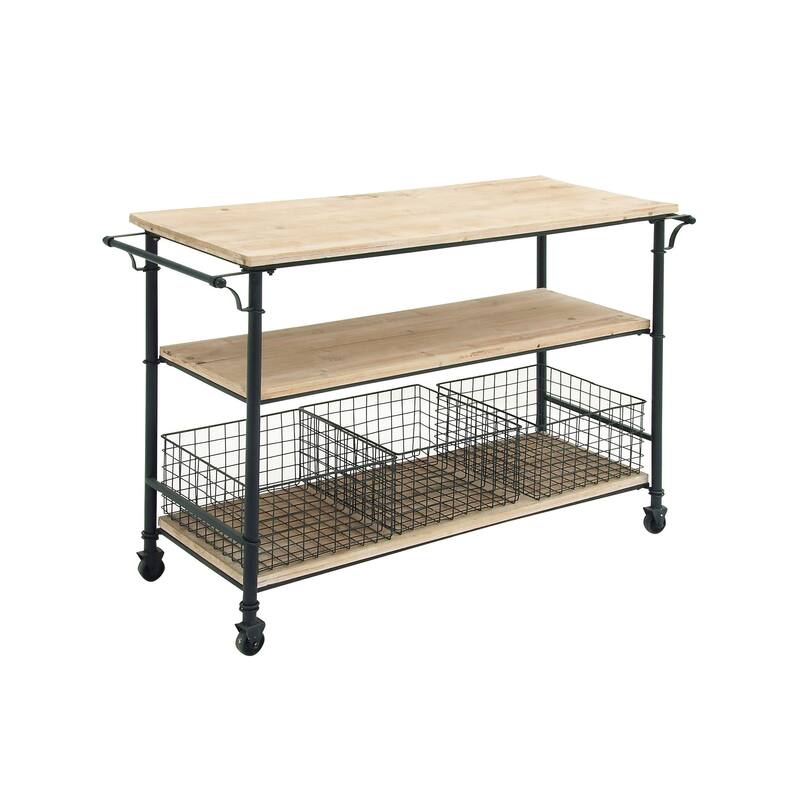 Wood Rolling Cart 3 Drawers and 1 Shelf Storage Unit with Black Wire Baskets - Brown - Roche River Decor
