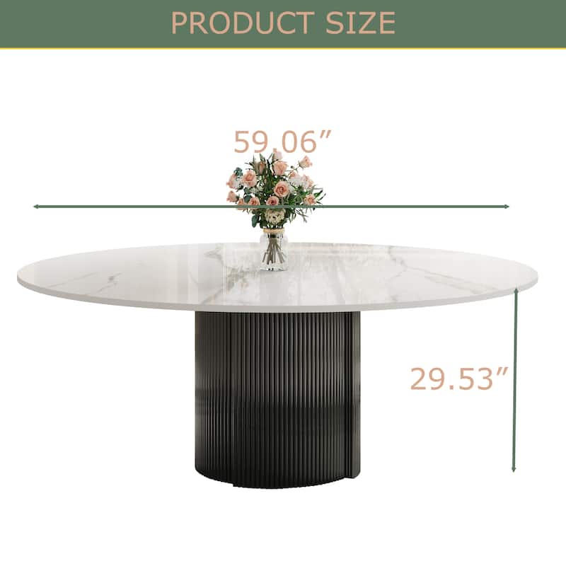 59" Modern Round Dining Table for 6-8, Glossy White Sintered stone Table top, Steel Grille column base