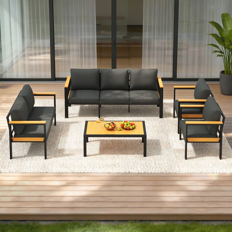 4/5/7-Piece Patio Conversation Set with Table, All-Weather Aluminum Furniture for Outdoor Living - Gray/Black - Set 5 - Black