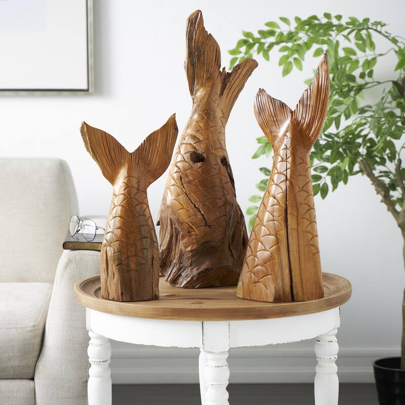 Teak Wood Whale Handmade Tail Live Edge Decorative Sculpture with Intricate Carvings - Set of 3 Brown - Roche River Decor