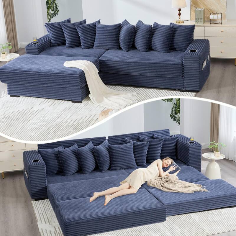 110.75" Corduroy Sectional Sofa, Convertible Sleeper Sofa Bed L-Shaped Upholstered Couch with Removable Footstool, Cup Holder - Blue