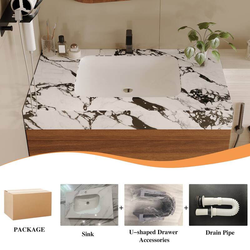 GDFStudio - Modern 31.5" Wall-Mounted Bathroom Vanity with Sintered Stone Top, Ceramic Undermount Sink & Soft-Close Drawers
