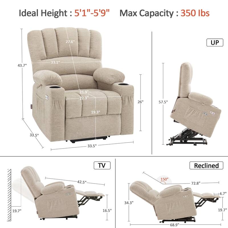 MCombo Power Lift Recliner Chair, Massage and Heat for Elderly, Extended Footrest,Cup Holders, USB Ports 7095