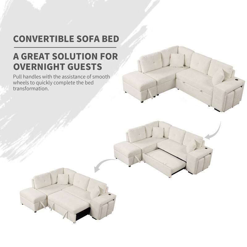87.7" Modern Sectional Sofa with Pull Out Bed, Convertible Sleeper Sofa with Storage Ottoman,Stools and Pillows