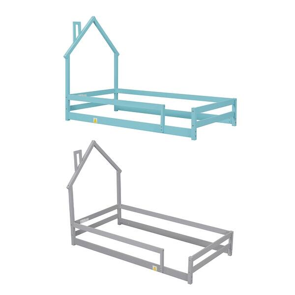 slide 2 of 8, Pine Wood Floor Bed Frame With House Shaped Headboard Full-Length Guardrails Twin Size Blue