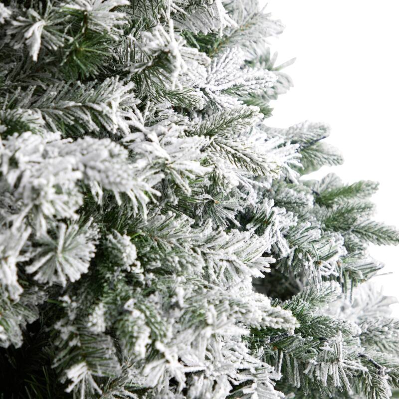 10ft Flocked Christmas Tree with Lights, Realistic Artificial Pine Tree, Holiday Decor, Winter Forest Tree - Green - 120