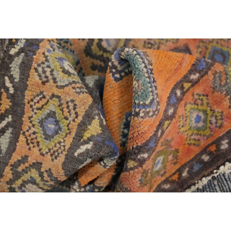 Hand Knotted Oriental 100% Wool Carpet Traditional Geometric Oranges & Rust Hamedan Runner Rug - 9' 7'' X 3' 3''