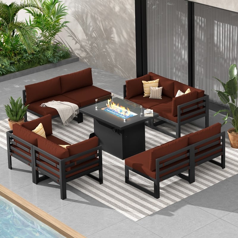 9-Piece Modern Aluminum Outdoor Furniture Set With Fire Pit Table Propane/Gas 60,000 BTU, Extra Large Aluminum Patio Sectional
