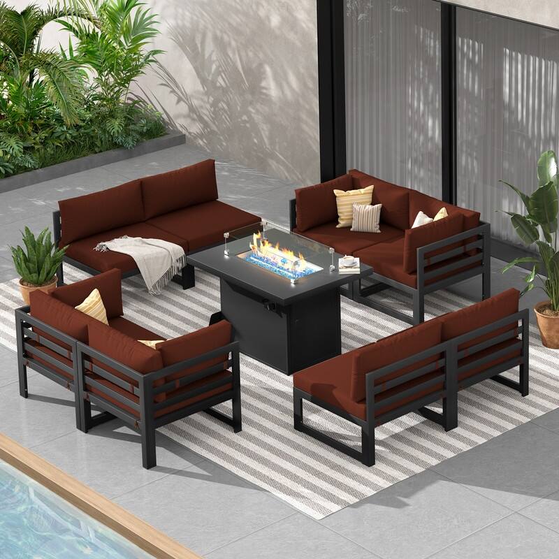 FINCATI 9 Piece Extra-large Outdoor Furniture Aluminum Patio Set with Propane/Natural Gas Firepit Table