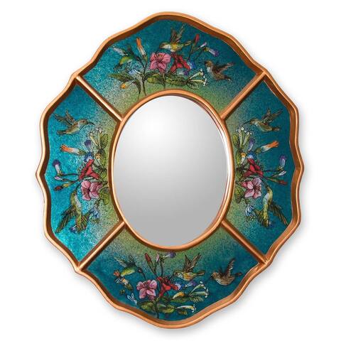Handmade Turquoise Hummingbirds' Mirror Reverse Painted Glass (Peru) - 5" x 6.8"