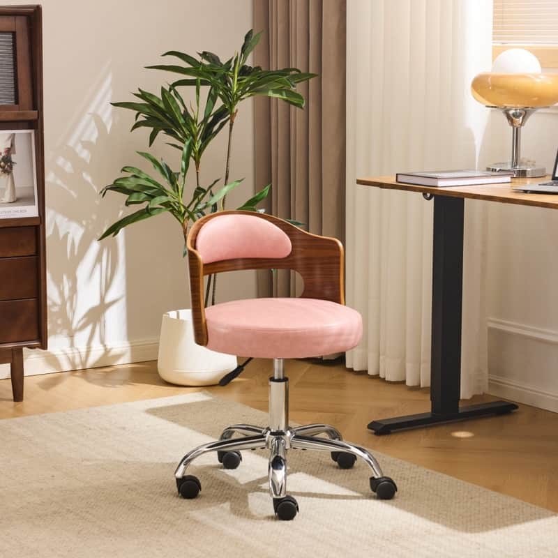 Ring-Shaped Wooden Back Office Chair With Foot Spikes And Wheels