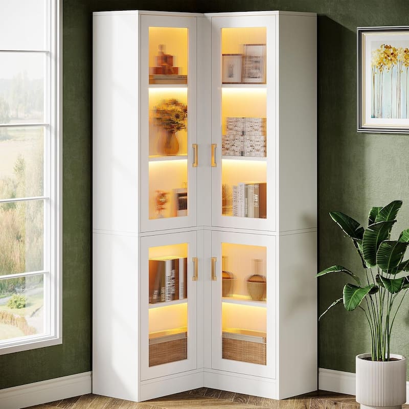 70.9-Inch White MDF Modern Bookcase with LED Light, 5-Tier Tall Bookshelf with Doors