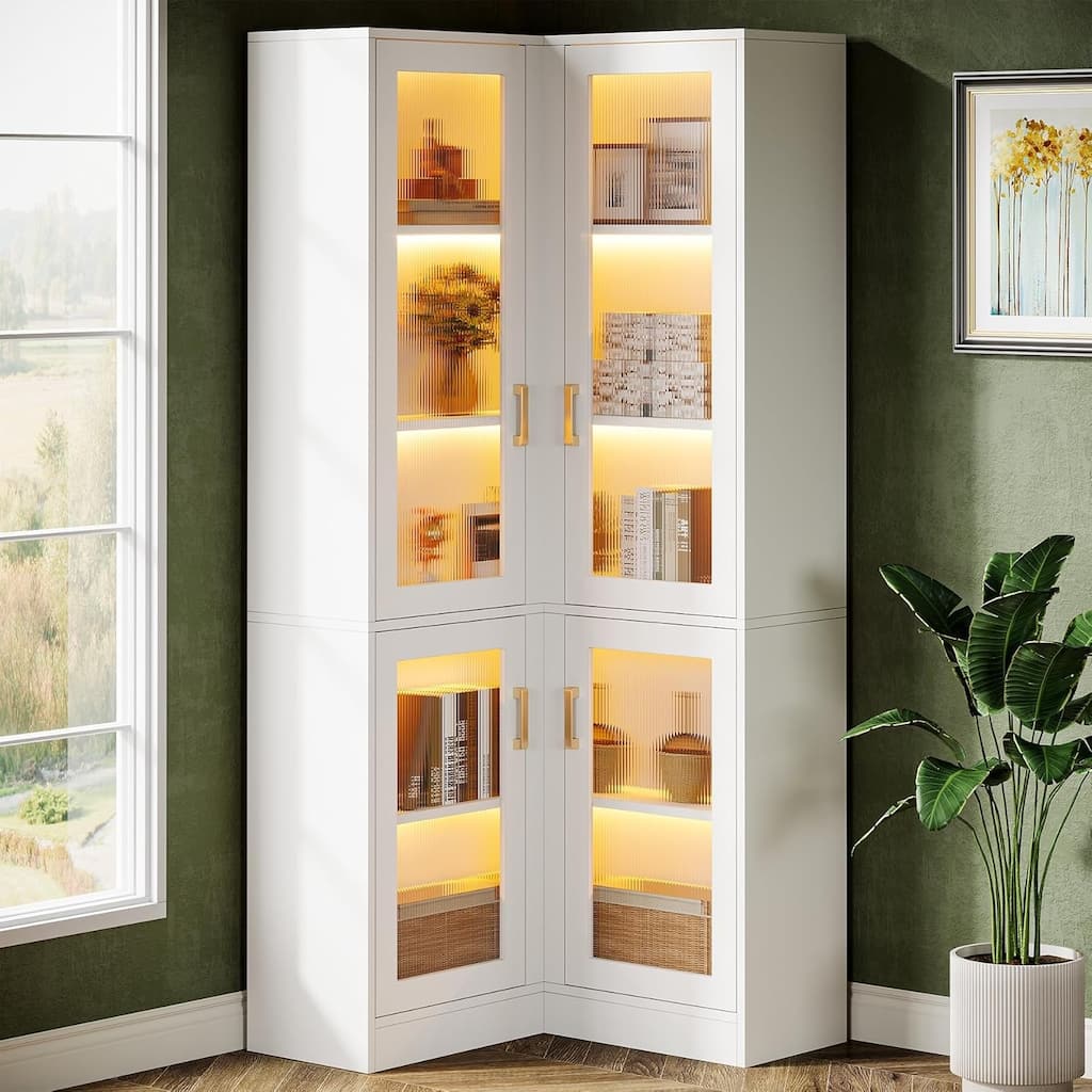 70.9 Inches White Engineered Wood Bookcase with LED Light, 5-Tier Tall Bookshelf with Doors