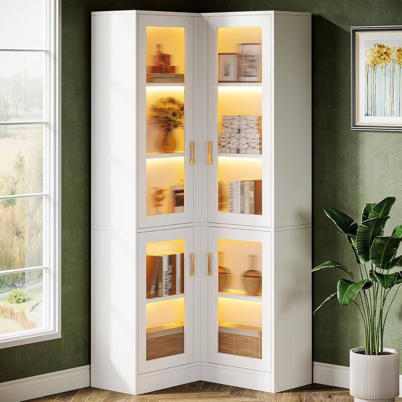 Tall Bookcase with LED Light, Modern 5-Tier Bookshelf Display Cabinet with 4 Acrylic Doors