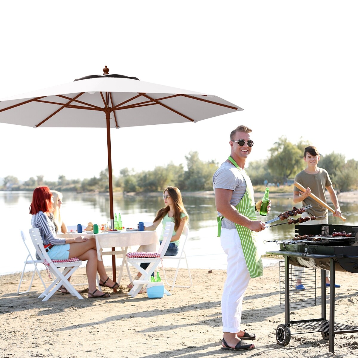 Costway Adjustable 10ft Wooden Umbrella Wood Pole Outdoor Patio Garden Sun Shade Beige Overstock Com Shopping The Best Deals On Patio Umbrellas 22277339