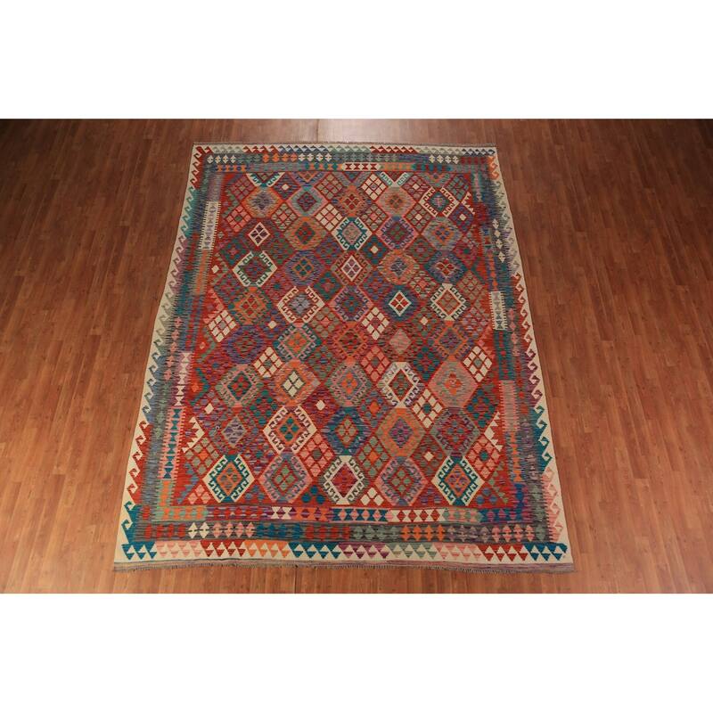 Reversible Kilim Oriental Rug Hand-Woven Multi-Color Wool Carpet - 8'7"x 11'6"
