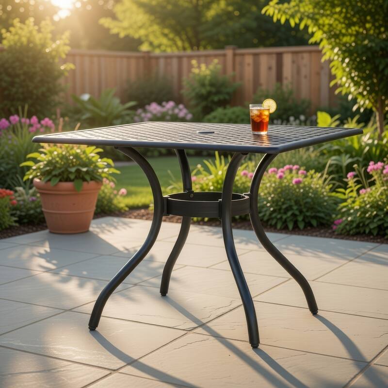Cay Outdoor Dining Table, 40 Inch Square Top, Black Lattice Metal Design