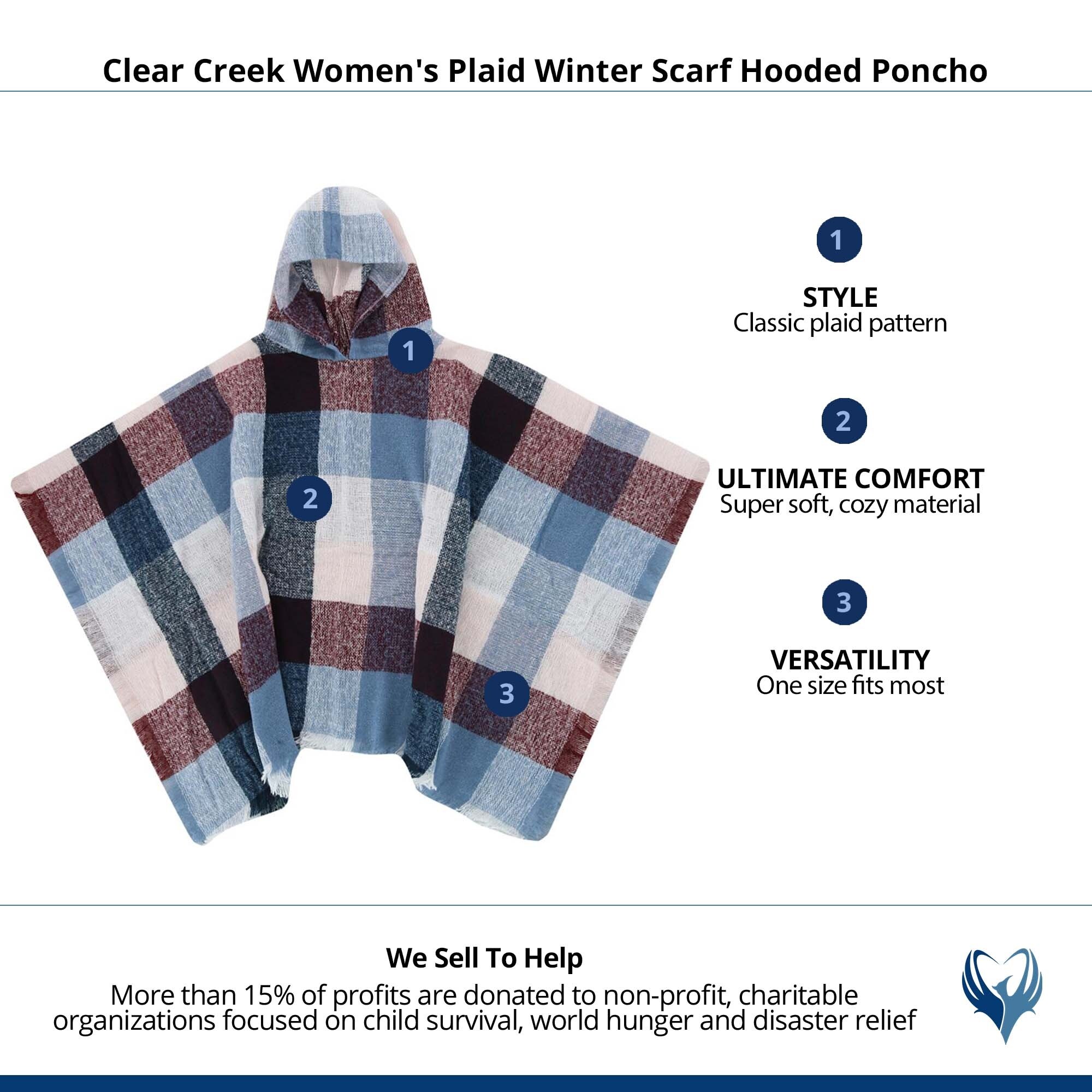 Clear Creek Women's Plaid Winter Scarf Hooded Poncho - one size