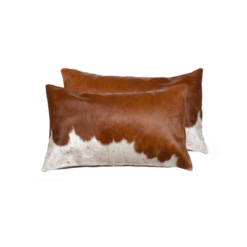 HomeRoots Set of Two 12" X 20" Brown and White Cowhide Throw Pillows