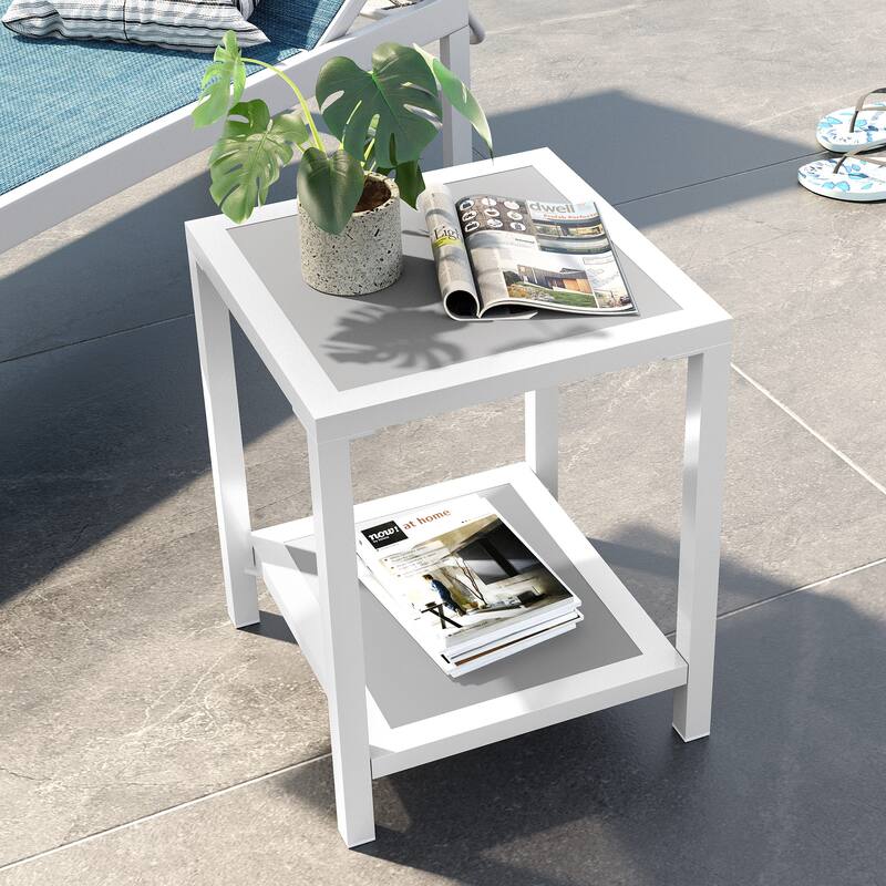 All Weather 2-Tier Patio End Table Outdoor Side Table Aluminum Frame - 15.75" L * 15.75" W * 19.68" H