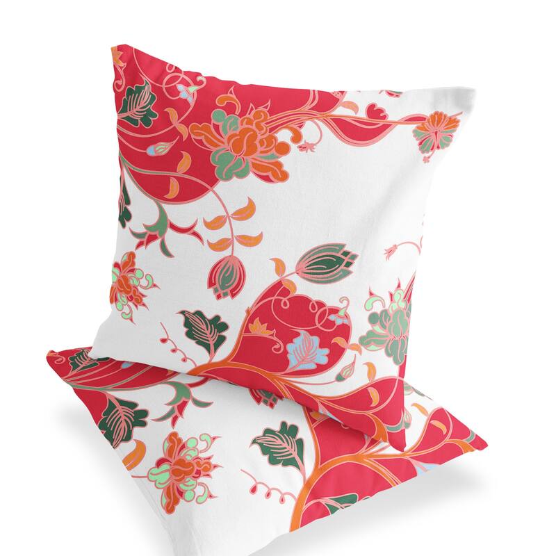 HomeRoots Set of Two 16" X 16" Red and White Blown Seam Floral Indoor Outdoor Throw Pillows - 16.00' X '16.00' X '5.00