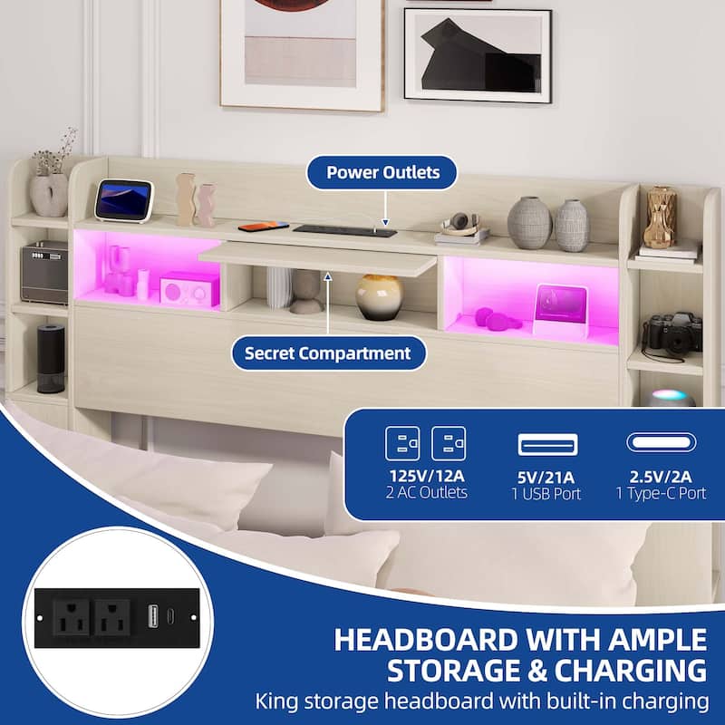 Queen/King Size LED Bed Frame with Bookcase Headboard, 4 Storage Drawers and Charging Station