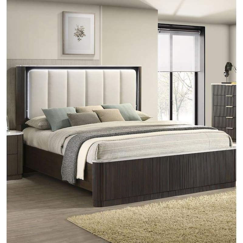 1pc Contemporary Dark Walnut Finish LED Bed