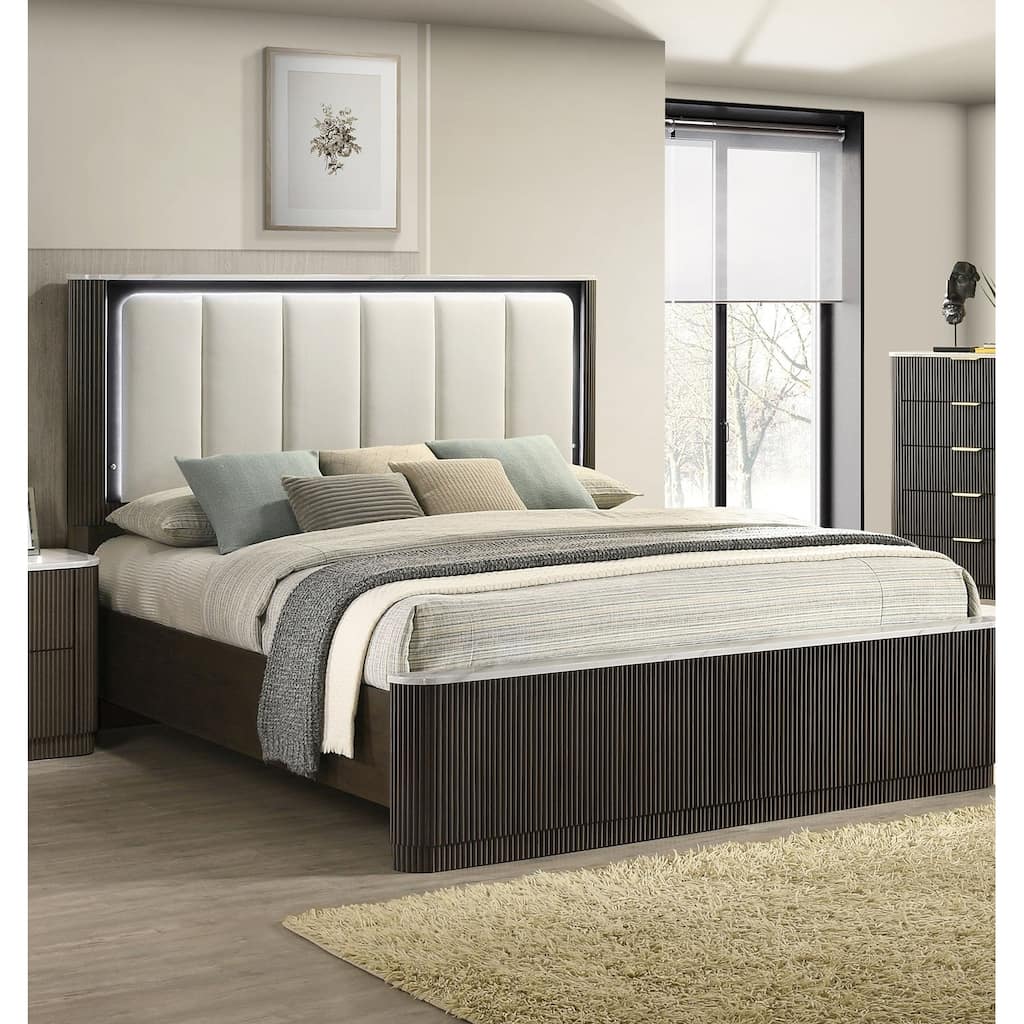 1pc Contemporary Dark Walnut Finish LED Bed