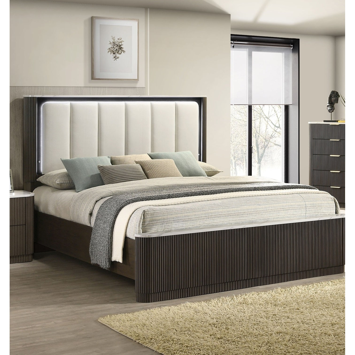 1pc Contemporary Dark Walnut Finish LED Bed