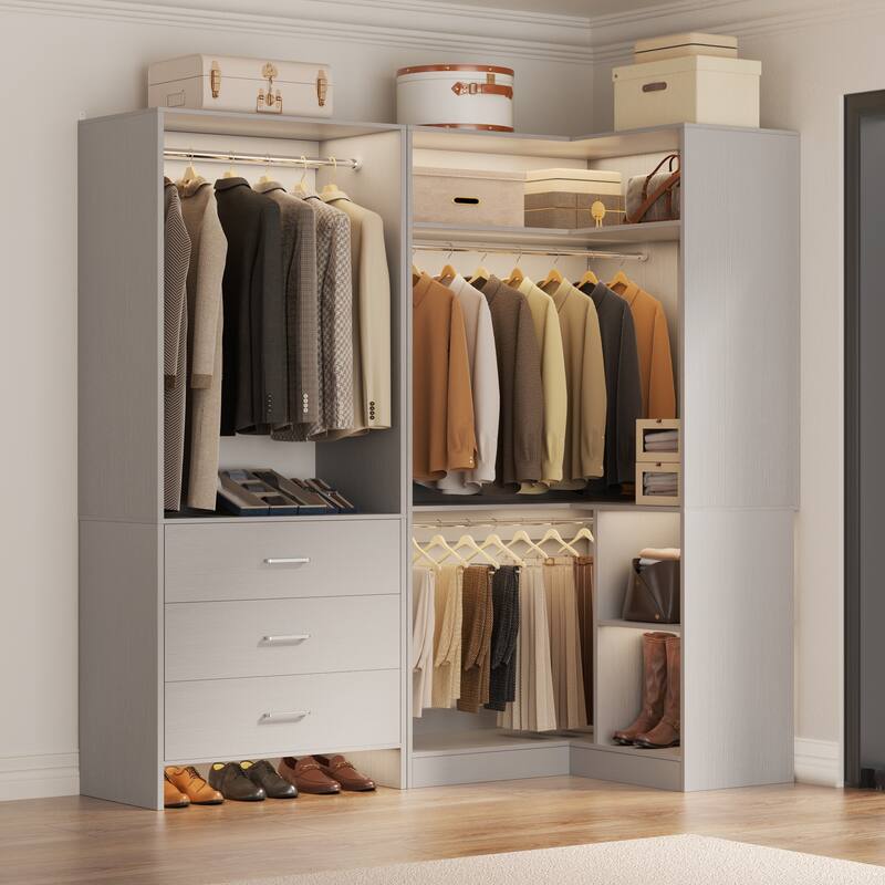 Set of 2 Freestanding Corner Closet Organizer with Drawers, Walk-in Closet System with Hanging Rods - Grey