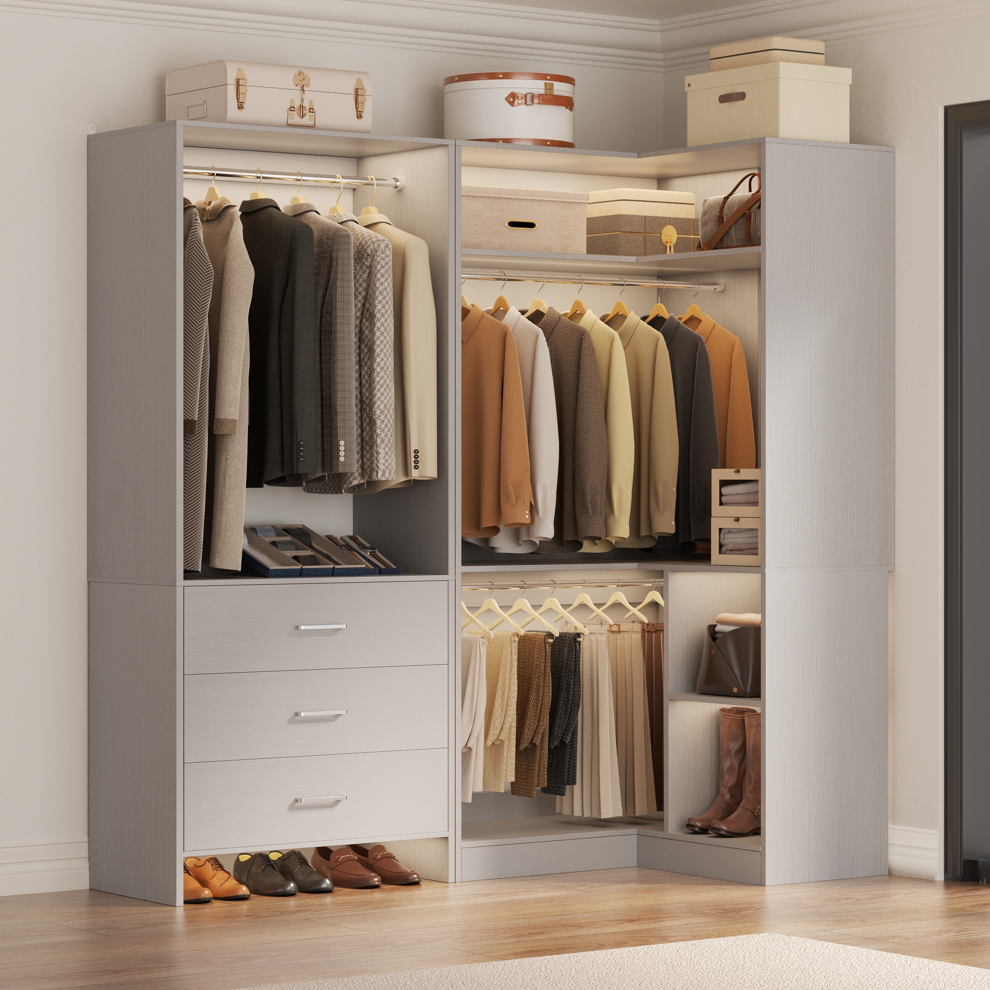 Set of 2 Freestanding Corner Closet Organizer with Drawers, Walk