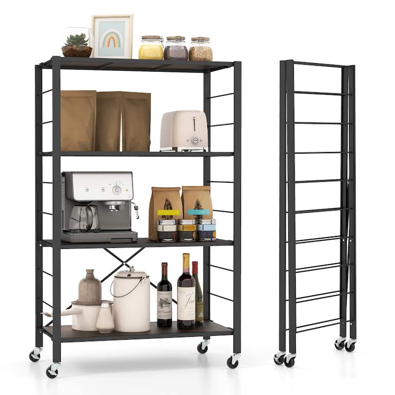 Gymax 4-tier Foldable Storage Shelf w/ Lockable Wheels Home Shelving - Black