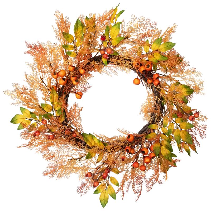Yellow Orange Berry Leaves Fall Harvest Artificial Wreath 24-Inch