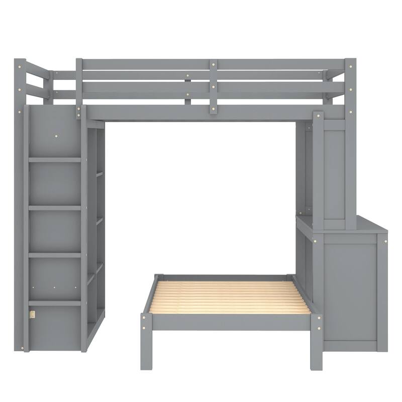 Solid Wood Bunk Bed with Built In Desk, Shelves and Wardrobe, Can be Converted into Loft Bed and Platform Bed