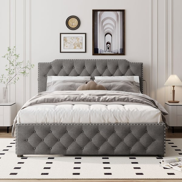 Gray Queen Bed Frame w/ Linen Fabric Trundle Bed Stitched Button Tufted ...
