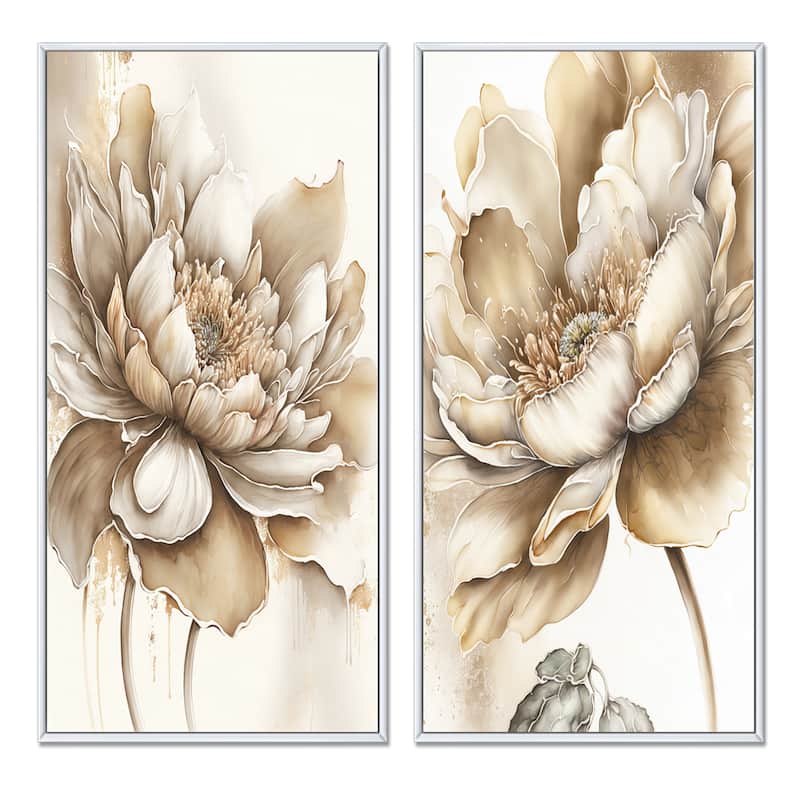 Designart "Indigold Beige Flower III" Floral Framed Wall Art Set Of 2 - Beige Gallery Wall Set For Home Decor